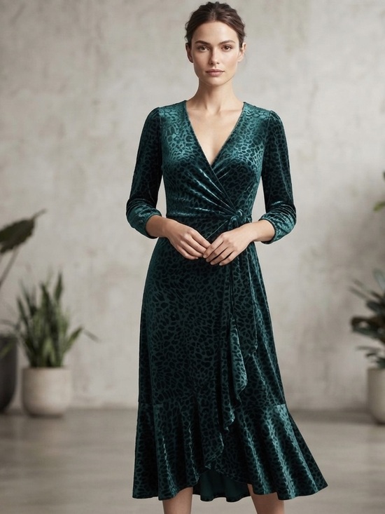 Calvin Klein Dresses & Skirts - Calvin Klein Green Velvet Burnout Leopard Print Faux Wrap V Neck Midi Dress 6